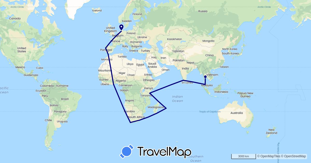 TravelMap itinerary: driving in Germany, Ghana, India, Kenya, Morocco, Mauritius, Malaysia, Portugal, Thailand, South Africa (Africa, Asia, Europe)
